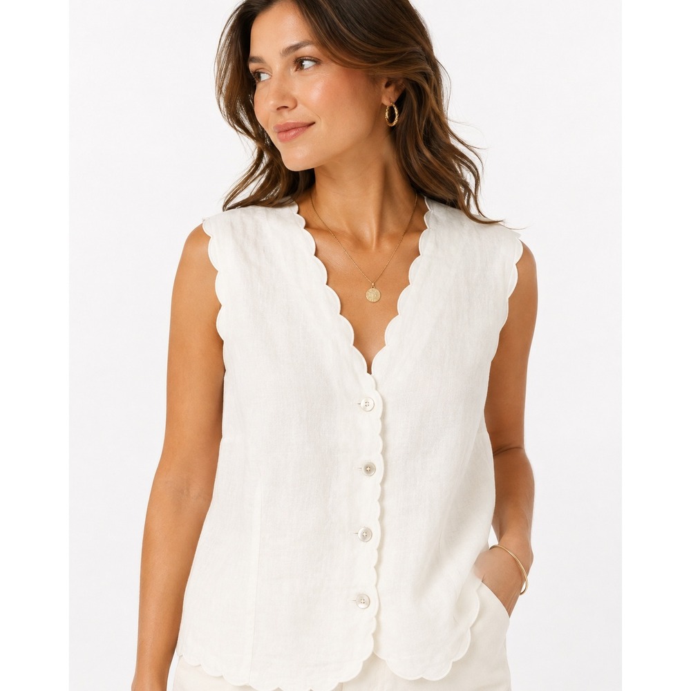 White Scalloped Irish Linen Button Up Vest Top 16 Coastal Preppy Romantic